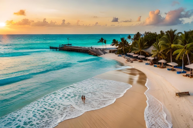 ein Strand mit einem Pier im Hintergrund