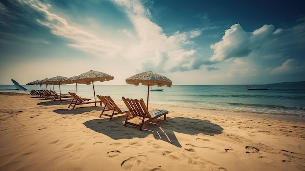 Ein Strand mit einem Sonnenschirm und Stühlen darauf