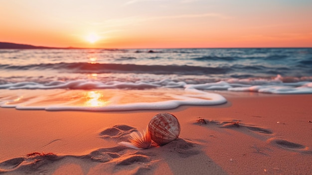 ein Strand mit einem Sonnenuntergang im Hintergrund