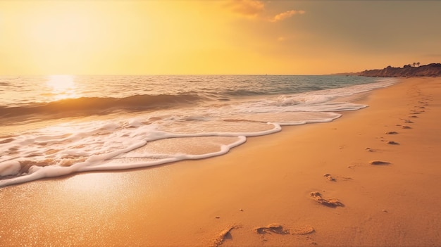 Ein Strand mit einem Sonnenuntergang im Hintergrund