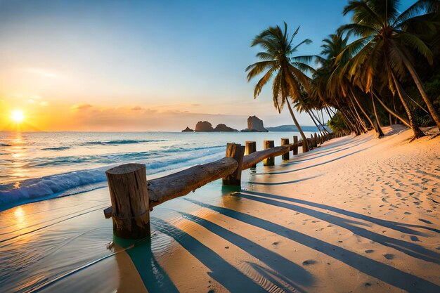 Ein Strand mit einem Sonnenuntergang im Hintergrund