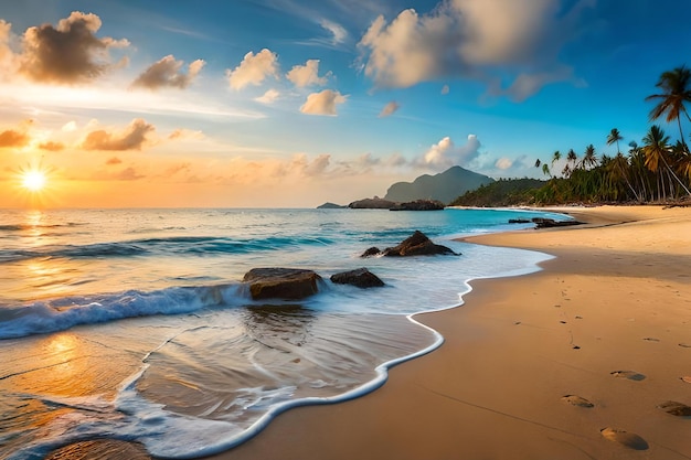 Ein Strand mit einem Sonnenuntergang im Hintergrund