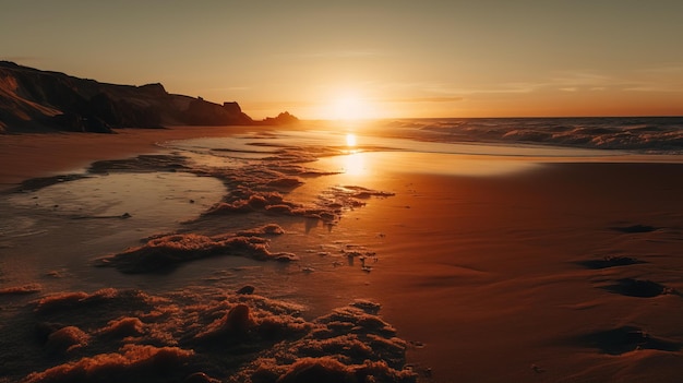 Ein Strand mit einem Sonnenuntergang im Hintergrund