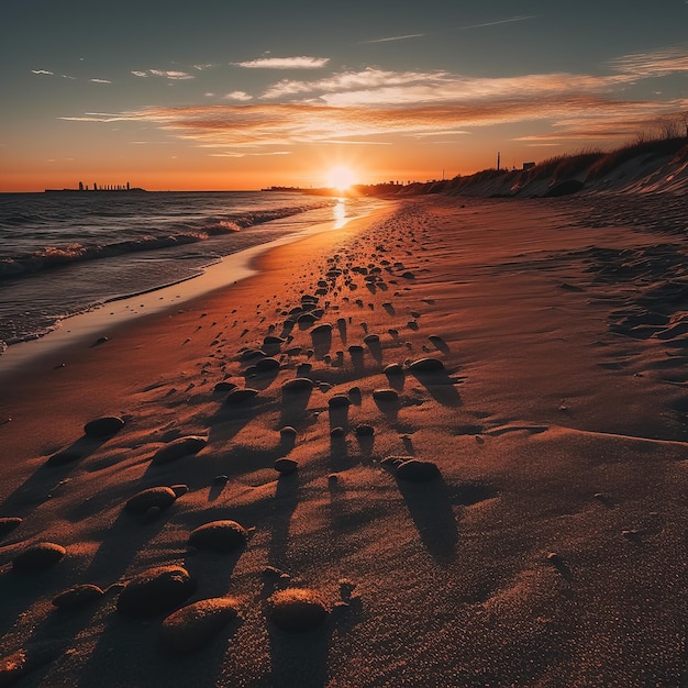 Ein Strand mit einem Sonnenuntergang im Hintergrund