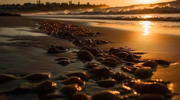 Ein Strand mit einem Sonnenuntergang im Hintergrund