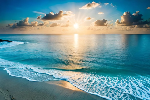 Ein Strand mit einem Sonnenuntergang und der darauf scheinenden Sonne