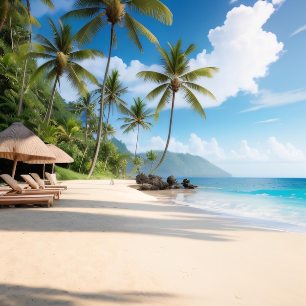 Ein Strand mit einem Strand und Palmen darauf