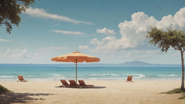 ein Strand mit einem Strandschirm und Stühlen darauf