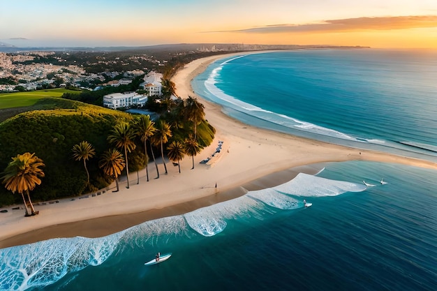 Ein Strand mit einem Surfer im Wasser und einem Surfbrett im Vordergrund.