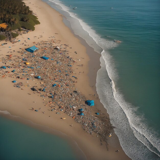 ein Strand mit einer blauen Plane, auf der steht Beach