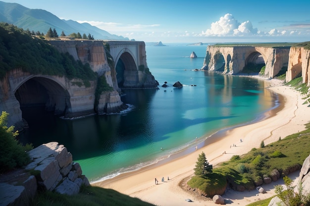 Ein Strand mit einer Brücke und dem Meer im Hintergrund