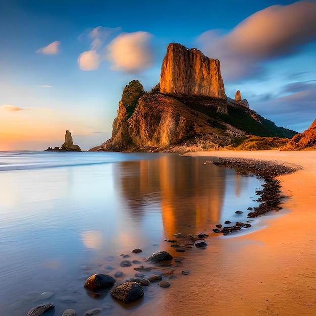 Ein Strand mit einer felsigen Klippe bei Sonnenuntergang