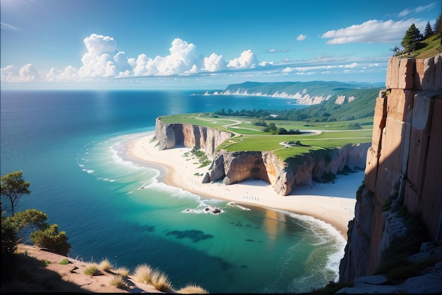 Ein Strand mit einer grünen Wiese und einer Klippe mit blauem Himmel und Wolken