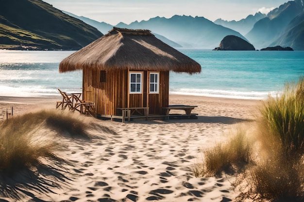 ein Strand mit einer Hütte darauf und Bergen im Hintergrund