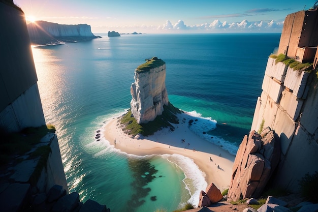 Ein Strand mit einer Klippe im Hintergrund