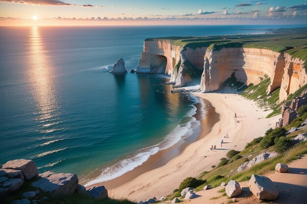 Ein Strand mit einer Klippe im Hintergrund