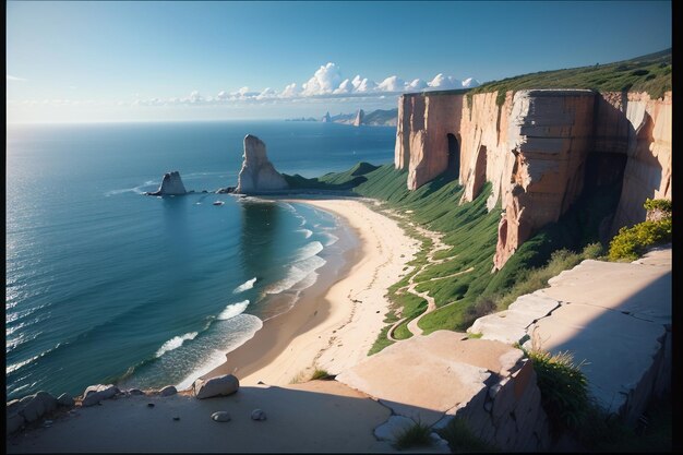 Ein Strand mit einer Klippe links und einem Strand rechts.