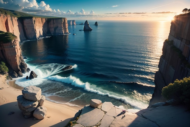 Ein Strand mit einer Klippe und einem Ozean im Hintergrund