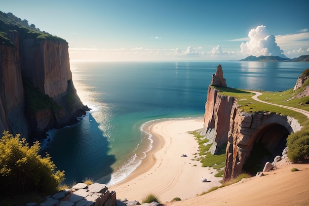 Ein Strand mit einer Klippe und einer Straße darauf