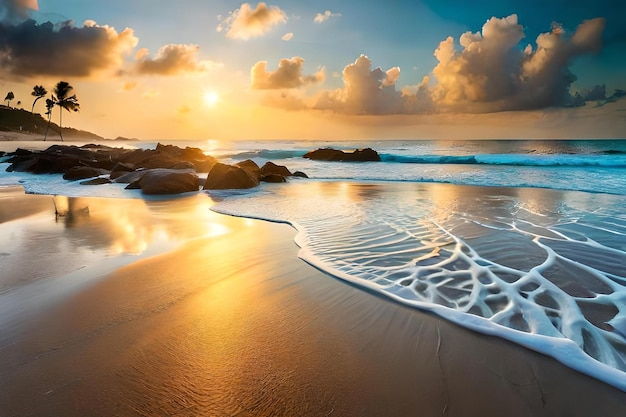 Ein Strand mit einer Palme im Sand und dem Meer im Hintergrund