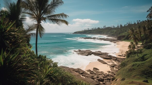 Ein Strand mit einer Palme und dem Ozean im Hintergrund
