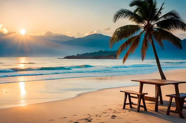 Ein Strand mit einer Palme und einem Picknicktisch darauf