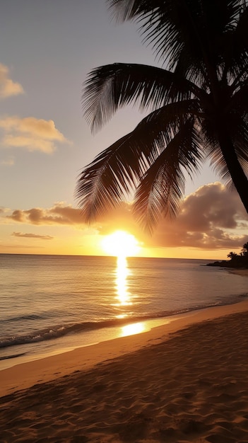 Ein Strand mit einer Palme und einem Sonnenuntergang über dem Meer