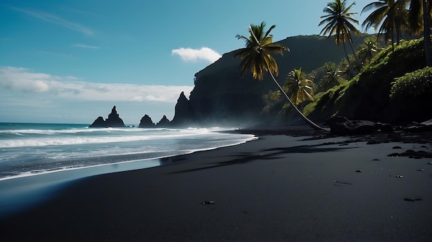 ein Strand mit einer Palme und einem Strand mit einer Welle, die darauf bricht