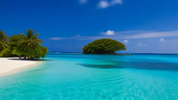 ein Strand mit einer Palme und einer kleinen Insel im Wasser