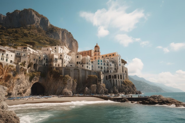 Ein Strand mit einer Reihe von Gebäuden darauf generative KI