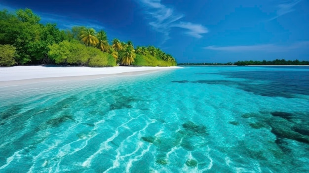 Ein Strand mit einer tropischen Insel im Hintergrund