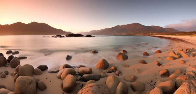 Ein Strand mit Felsen und Bergen im Hintergrund