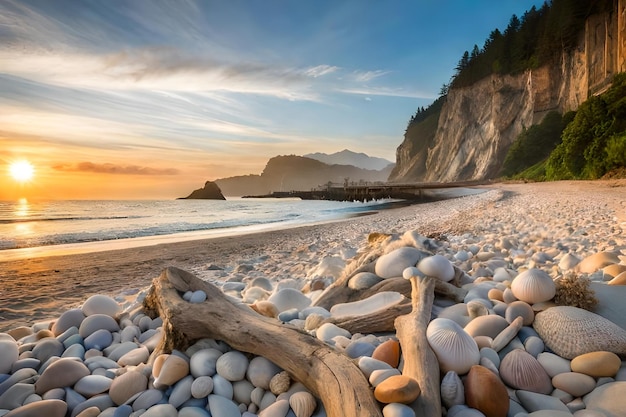 Ein Strand mit Felsen und einem Baumstamm am Strand