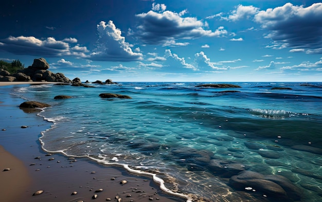 Ein Strand mit Felsen und Himmel im Hintergrund