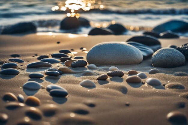 ein Strand mit Felsen und Kieselsteinen auf dem Sand