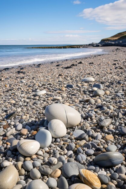 Foto ein strand mit felsen und kieselsteinen und ein strand mit einem strand im hintergrund