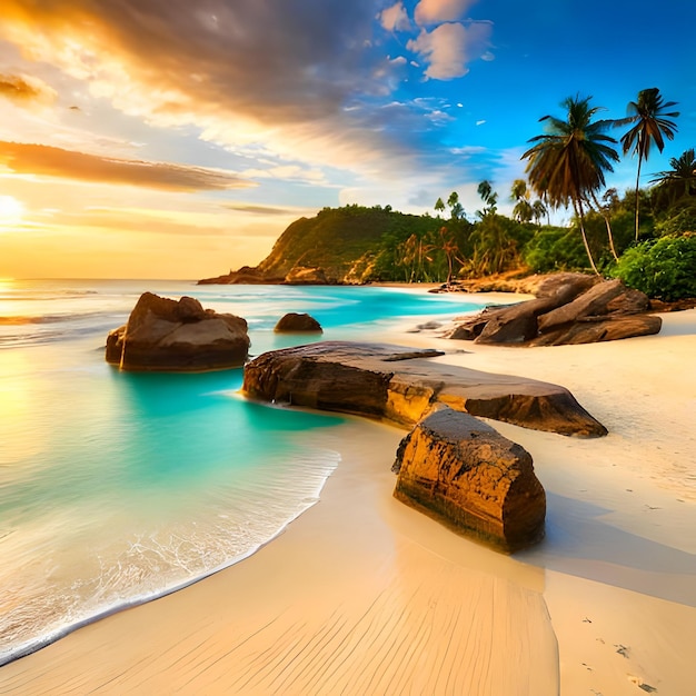 Ein Strand mit Felsen und Palmen