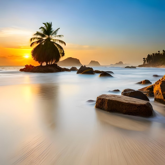 Ein Strand mit Felsen und Palmen