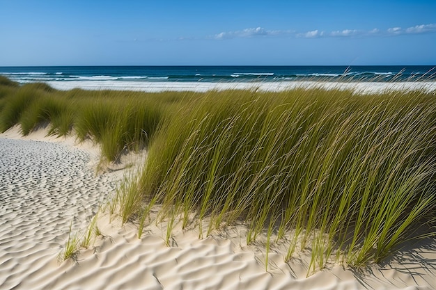 Ein Strand mit Gras und dem Meer im Hintergrund