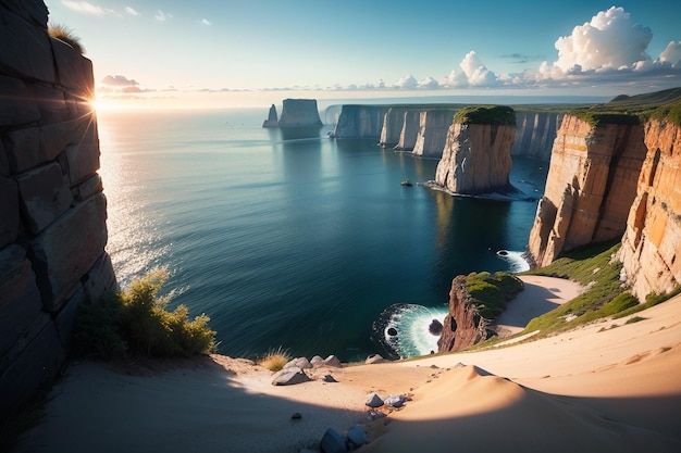 Ein Strand mit Klippen und einem Sonnenuntergang im Hintergrund