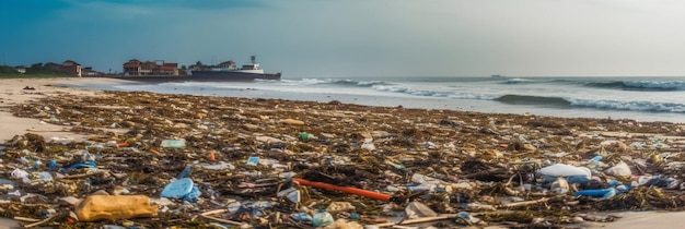 Ein Strand mit Müll und einem Boot im Hintergrund