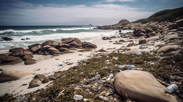 Ein Strand mit Müll und einem großen Felsen am Ufer