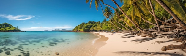 Ein Strand mit Palmen und blauem Himmel