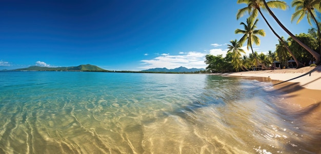 Ein Strand mit Palmen und blauem Himmel