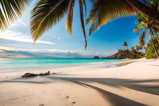 Ein Strand mit Palmen und blauem Himmel