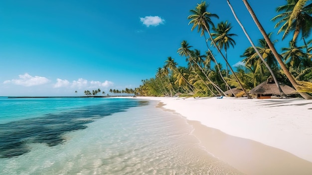 Ein Strand mit Palmen und blauem Himmel