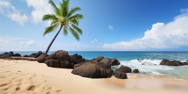 Ein Strand mit Palmen und blauem Himmel