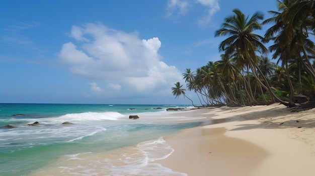 Ein Strand mit Palmen und dem Ozean im Hintergrund