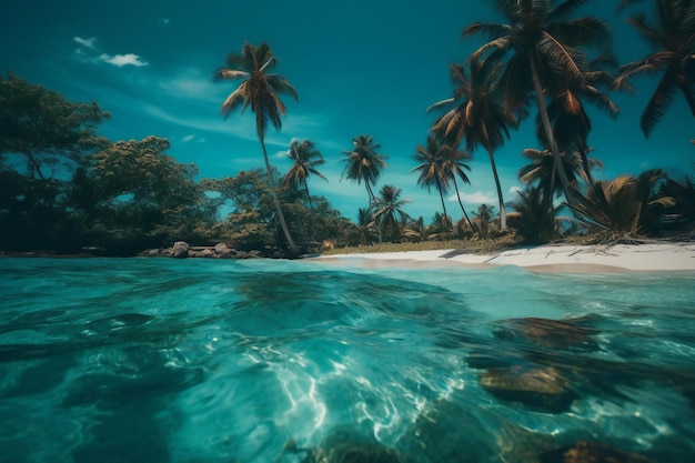 Ein Strand mit Palmen und dem Ozean im Hintergrund