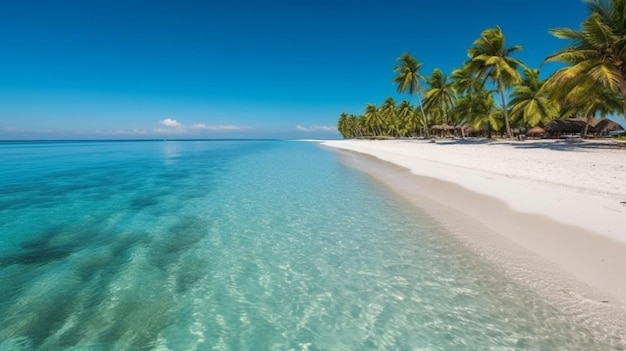 Ein Strand mit Palmen und dem Ozean im Hintergrund